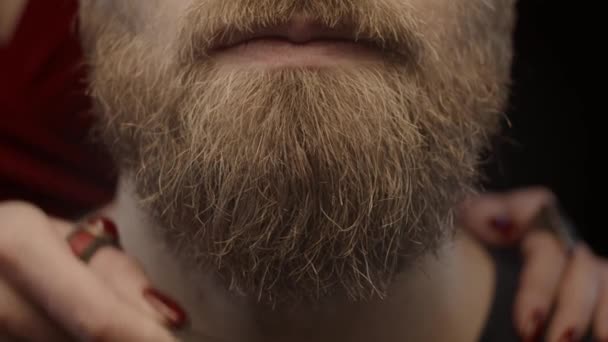 Mulher Penteando Barba Homem Profundidade Campo Rasa Câmera Lenta — Vídeo de Stock