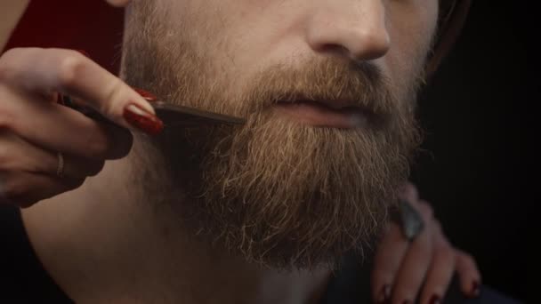 Woman Combing Beard Man Shallow Depth Field Slow Motion — 비디오