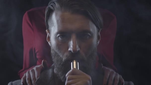Bearded Man Smoking Vape Woman Touching Beard Man Tender Slow — 비디오