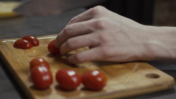 Cutting Cherry Tomatoes Cutting Board Slow Motion Shallow Depth Field — Stock Video