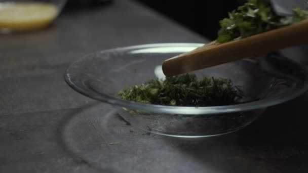 Cutting Greens Kitchen Close Slow Motion — Stock Video