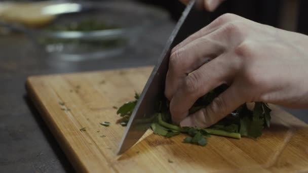 Cutting Greens Kitchen Close Slow Motion — Stock Video