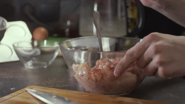 台所で鶏肉をスパイス フィールドの浅い深さ スローモーション — ストック動画