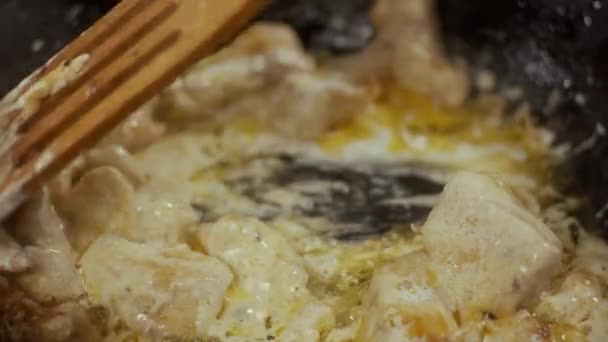 Tavada Tavuk Etini Ahşap Kürekle Karıştırmak Sığ Alan Derinliği Yavaş — Stok video