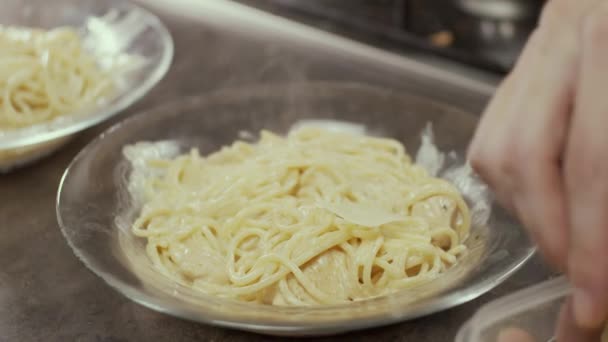 Placing Cheese Pasta Slow Motion Shallow Depth Field — Stock Video