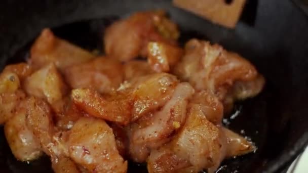 フライパンで鶏の肉を混合 フィールドの浅い深さ スローモーション — ストック動画