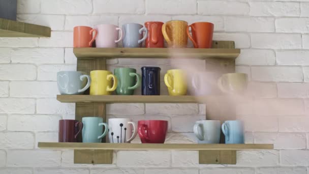 Shelf Colorful Cups Concept Successful Day Coffee Shop Time Lapse — Stock Video