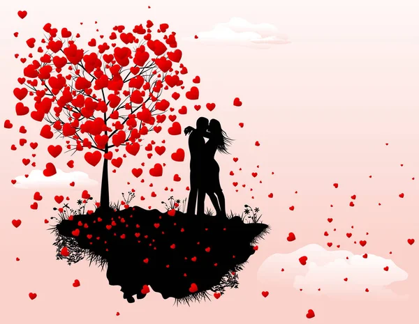 Влюблённая пара рядом с деревом с сердцами — стоковый вектор