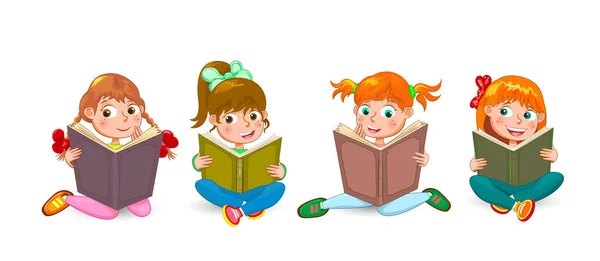 Crianças pequenas lêem livros interessantes —  Vetores de Stock