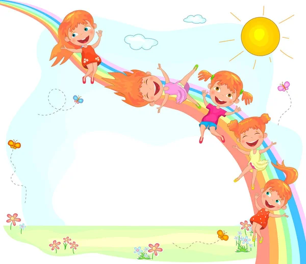 Niños alegres y un arco iris — Vector de stock