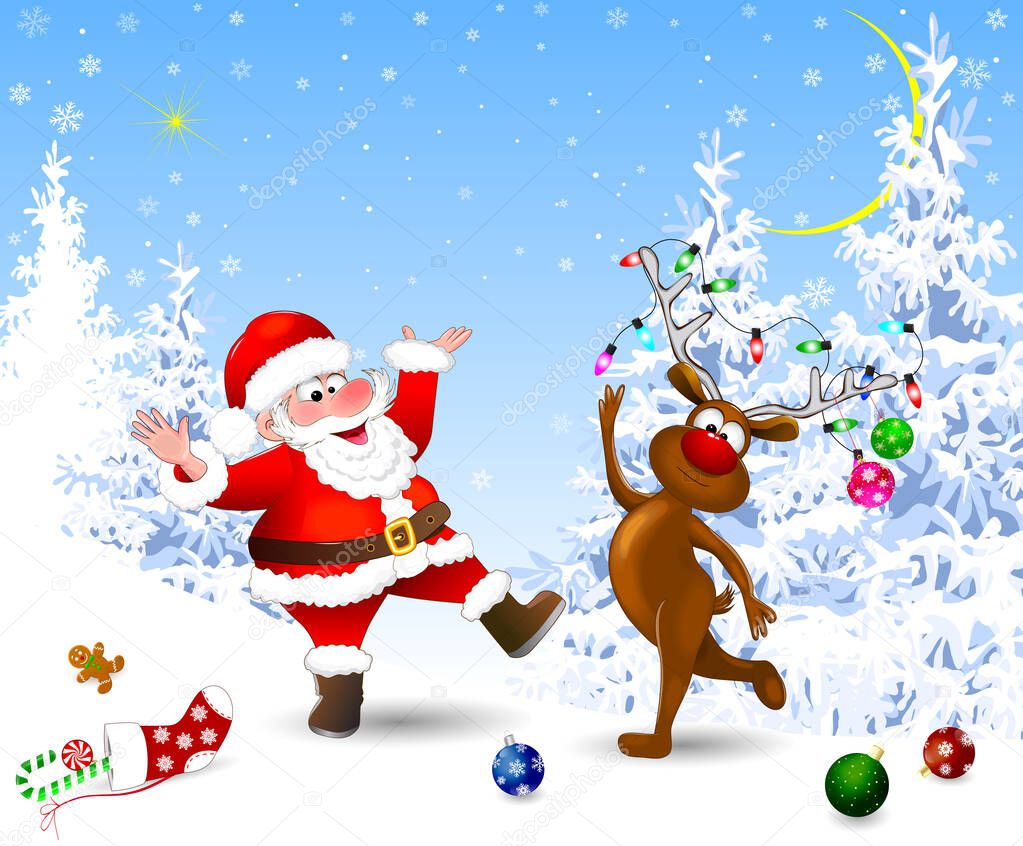 Joyful Santa and deer celebrate Christmas