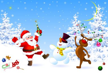 Neşeli Noel Baba, kardan adam ve geyik Noel 'i kutluyor