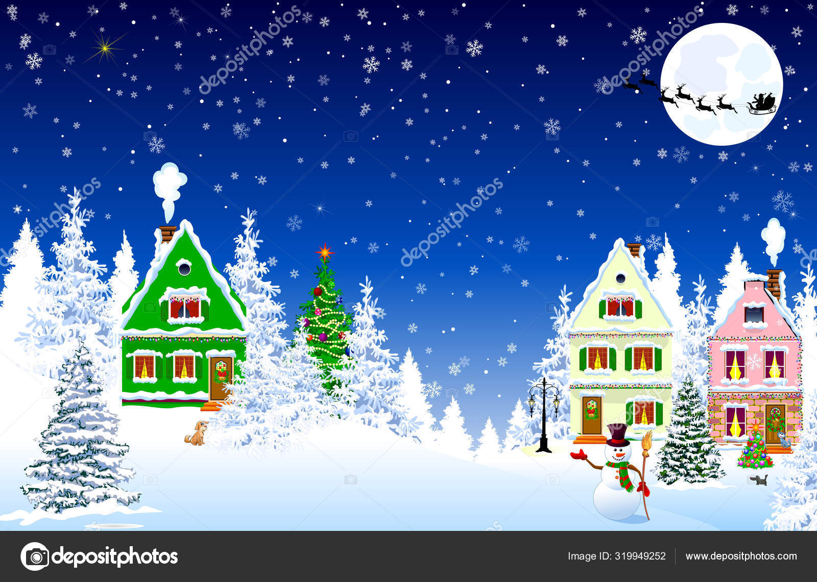 크리스마스의 눈내리는 마을 풍경 스톡 벡터 - ©liole 319949252, image size:1600x1139