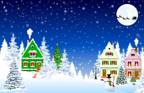 Casa pueblo nieve noche escena Navidad — Vector de stock