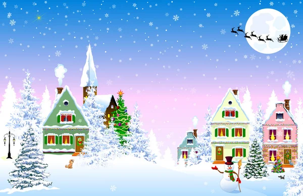 Snowy Christmas night houses scene — Stock Vector