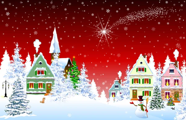 Christmas star in the sky over houses on red — Stock Vector