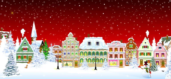 Navidad ciudad vieja noche copos de nieve escena — Vector de stock