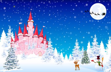 Pembe Şato Karlı Orman Gecesi Noel