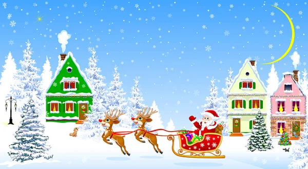 Santa na jelenie na tle domów i lasów — Wektor stockowy