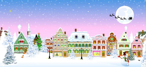 Casas nieve copo de nieve invierno noche Navidad — Vector de stock