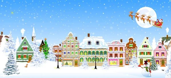 Casas copo de nieve noche de invierno Santa Claus Navidad — Vector de stock