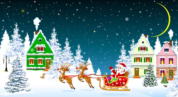 Santa en un trineo en Navidad — Vector de stock