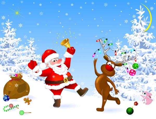 圣诞老人和鹿儿庆祝圣诞节 — 图库矢量图片