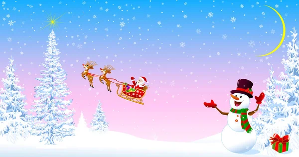サンタクロースと雪だるまはクリスマスを歓迎 — ストックベクタ