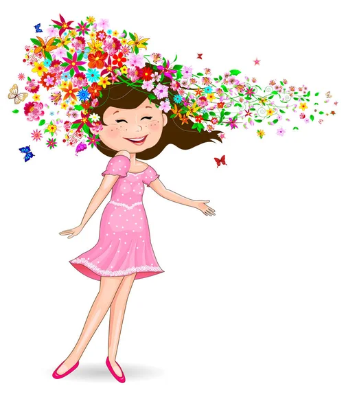 Chica feliz con flores y mariposas — Vector de stock