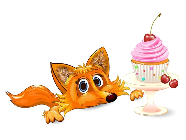 Fox and cupcake with cherry — 스톡 벡터