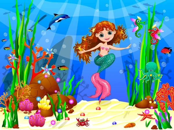 Little mermaid in the underwater world — Stock Vector