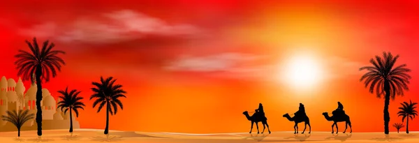 Cavaleiros de camelo no fundo por do sol — Vetor de Stock