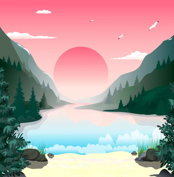 Paisaje montañas lago amanecer — Vector de stock