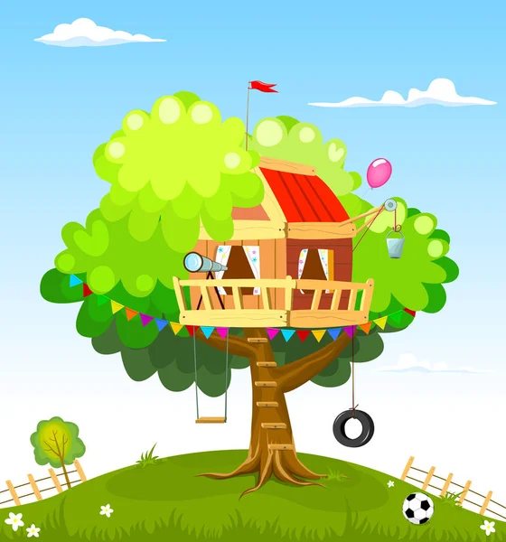 Casa Árvore Para Crianças Uma Casa Com Baloiço Escadaria Uma — Vetor de Stock