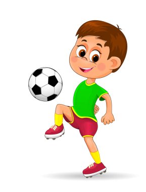Topu olan bir futbolcu. Çocuk bir futbolcunun spor kıyafetleri içinde. Beyaz arka planda futbol topu olan bir çocuk..