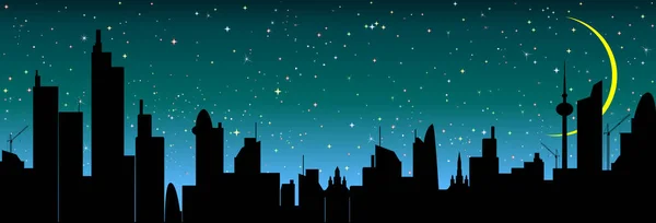 Ciudad Abstracta Varias Casas Rascacielos Horizonte Ciudad Noche Estrellas Luna — Vector de stock