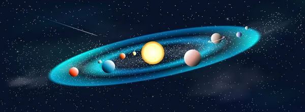 Leuchtende Sonne Und Planeten Sonnensystem Galaxie Der Nächtliche Sternenhimmel Weltraum — Stockvektor