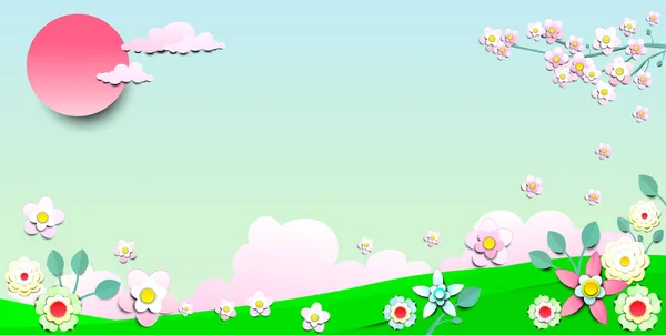 夏天的背景 开着花天空中的太阳和云彩 樱花绽放 春季背景 — 图库矢量图片