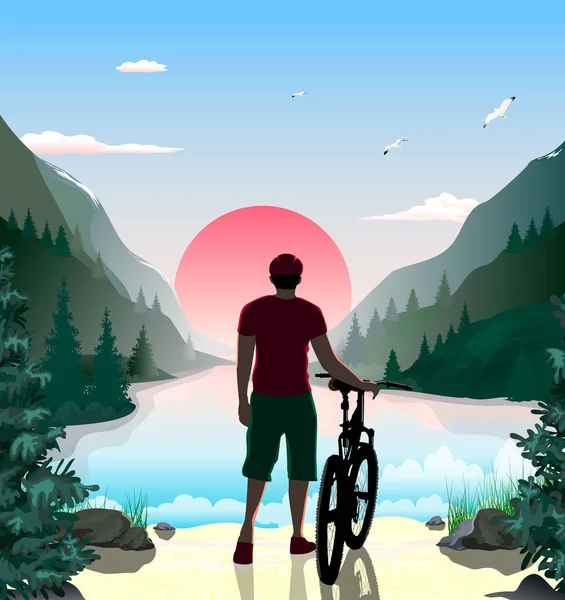 Man with a bike. Mountain landscape. The lake in the mountains. Forest. Sunny dawn. The sky with clouds. Sandy beach with stones and grass.