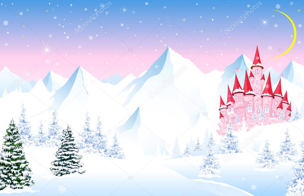 Winter landscape with a pink princess castle. Cartoon pink castle on a background of a winter forest. Snowy mountain peaks. The moon and stars in the sky.