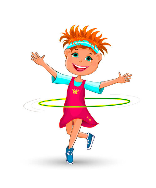 Joyful child with a gymnastic hoop. Smiling girl is doing exercises with a hoop.