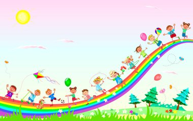 Küçük çocuklar doğada oynarlar. Gökyüzü, gökkuşağı, güneş.            