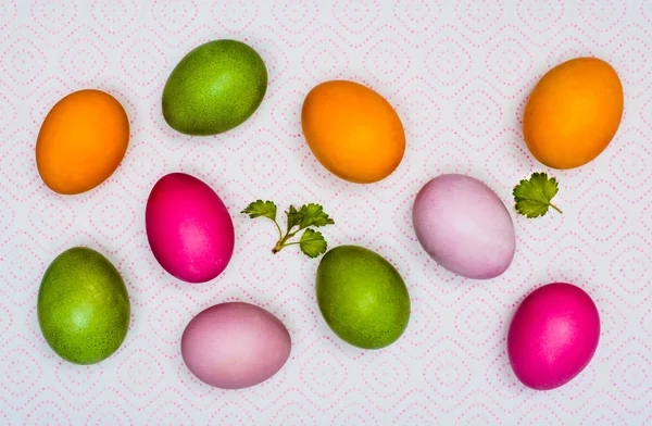 Colorful Easter eggs and the first green leaves on a napkin on p — Stock Photo, Image