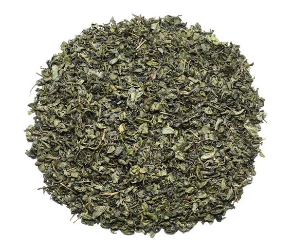 Heap of dry green tea leaves on white background, top view — Stock Photo, Image