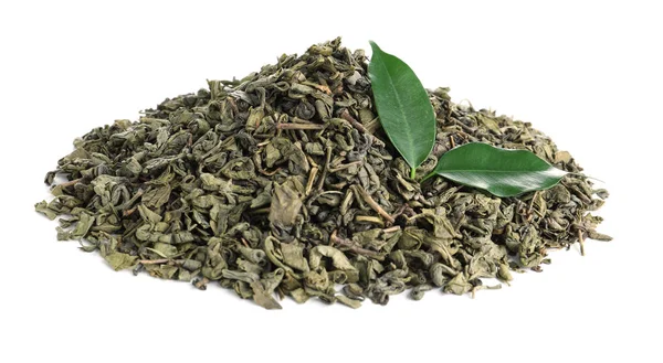Heap of dry green tea leaves on white background — Stock Photo, Image