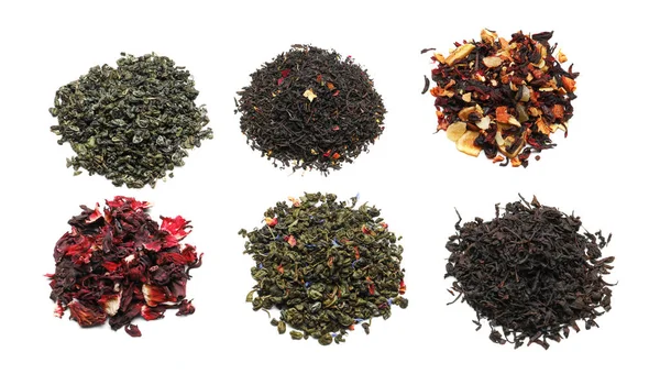 Verscheidenheid van droge thee bladeren op witte achtergrond — Stockfoto