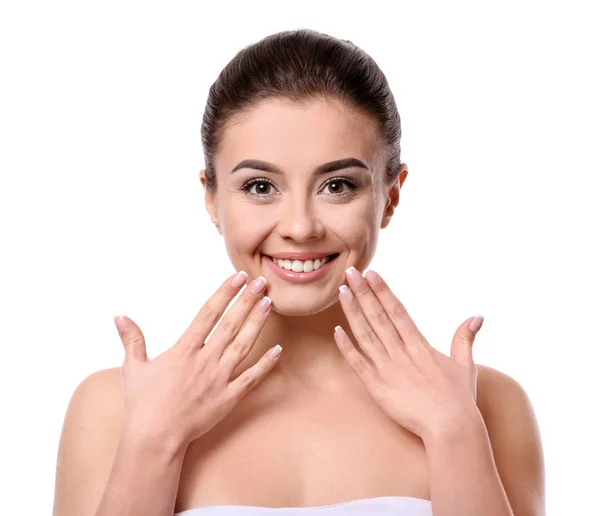 Beautiful young woman with silky skin after spa treatment on white background — Stock Photo, Image