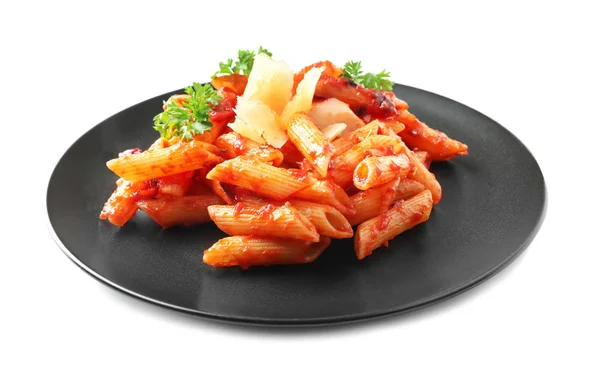 Plate with delicious penne pasta and sauce on white background — Stock Photo, Image