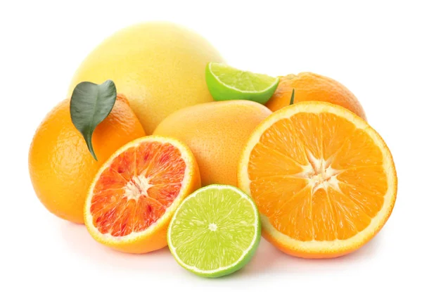 Different tasty citrus fruits on white background — Stock Photo, Image