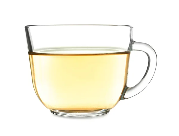Вкусный горячий чай в стеклянной чашке на белом фоне — стоковое фото